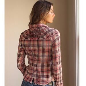 Harley Davidson Vintage Y2K Spell Out Embroidered Fitted Pink Plaid Flannel Top